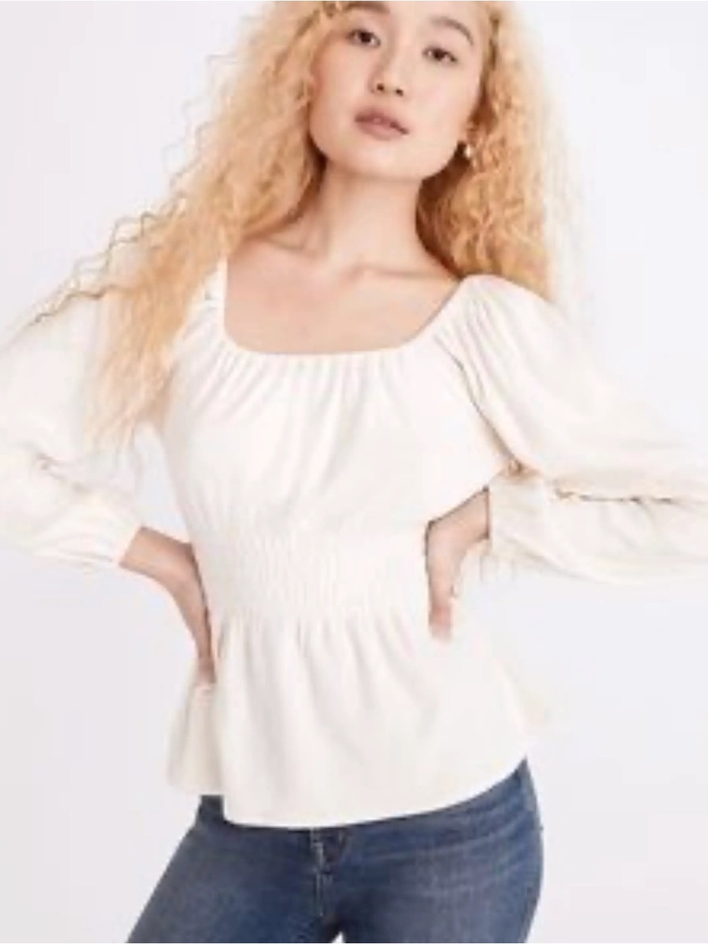 Madewell Cream Square Neck Smocked Waist Long Sleeve Blouse Top Size Medium